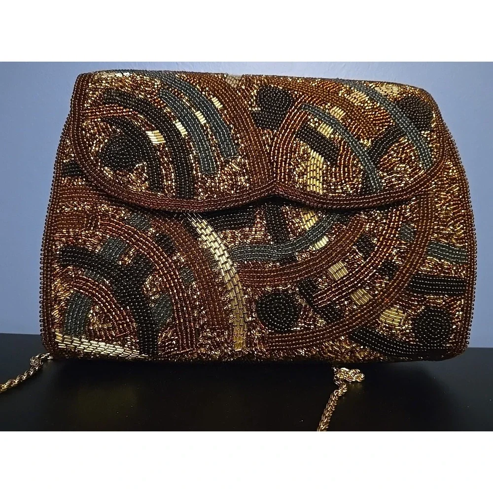Beaded Evening Bag with Touches of Black Gold and Brown Manetic Closure Japan‎